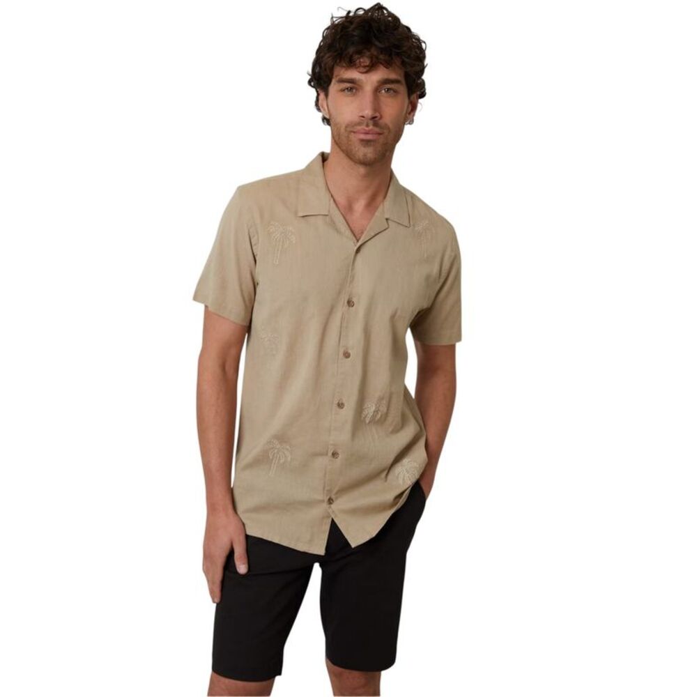 Threadbare Mens Embroidered Short-Sleeved Shirt / Stone